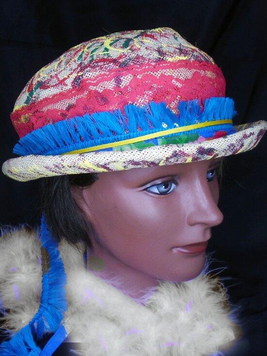 Summer Straw Cloche Hat OOAK Multicolor Painted Edgy Unique Wearable Art main image 8